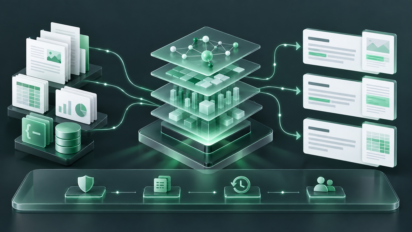 Business documents enter a governed knowledge system and produce source-linked answers